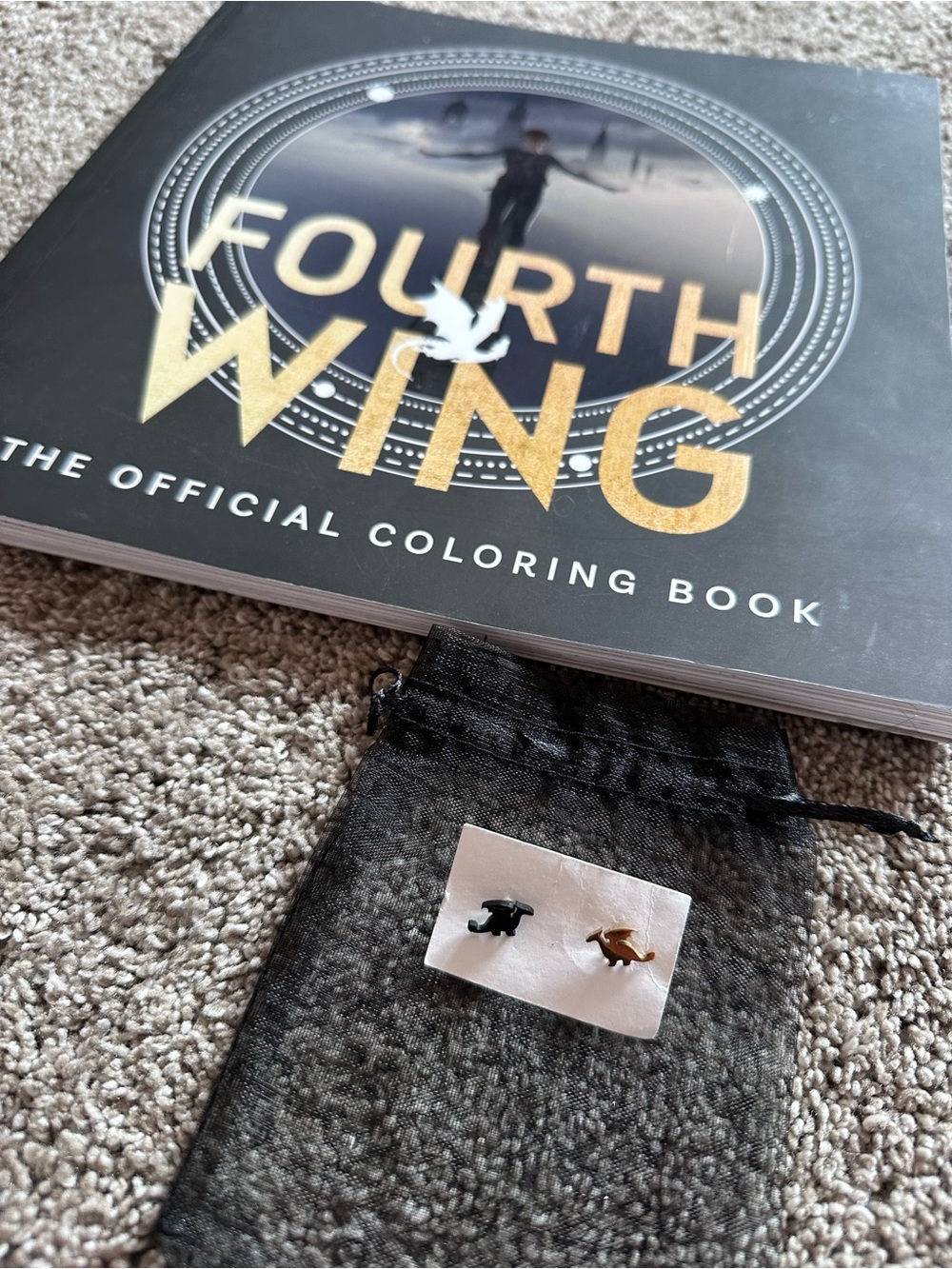 Fourth Wing Official Coloring Book + Gold and Black Dragon Stud Earrings